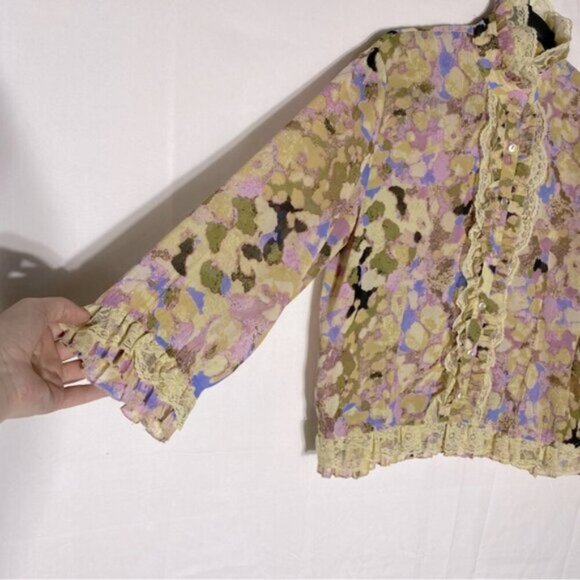 Lloyd Williams Yellow Purple Semi Sheer Abstract Print Button Up Mock Neck Top M - Picture 11 of 14
